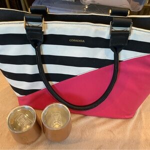 Corkcicle Pink and Black Striped Tote